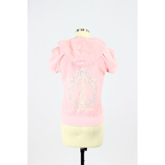 JUICY COUTURE Pink Cotton Velour Crystal Embellished Zip Up Hoodie, Size M - Picture 3 of 14